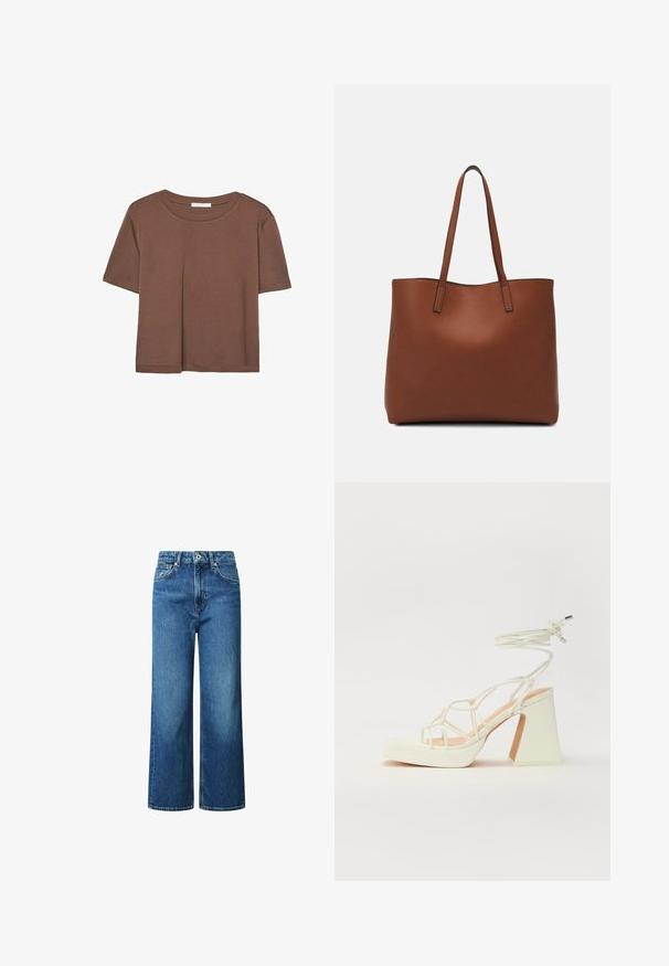 Rjava kratka majica s kratkimi rokavi iz mehkega materiala, s krožnim izrezom in ohlapnim krojem. Brez vidnih vzorcev ali dodatkov.; Široke jeans hlače iz modrega denima, z visokim pasom, sprednjim gumbom za zapiranje in oblikovanimi šivi. Brez vzorcev ali okrasnih elementov.; Bela sandala na visokih petah s debelim petam, ki ima obliko trakcev in vezanje okoli gležnja. Gladka tekstura z platformo spredaj za dodatno višino.; Rjava usnjena torba z gladko teksturo, odprto zasnovo zgoraj in dvema naramnima trakovoma. Opremljena je z minimalnim šivanjem in brez vidnih kovinskih delov.