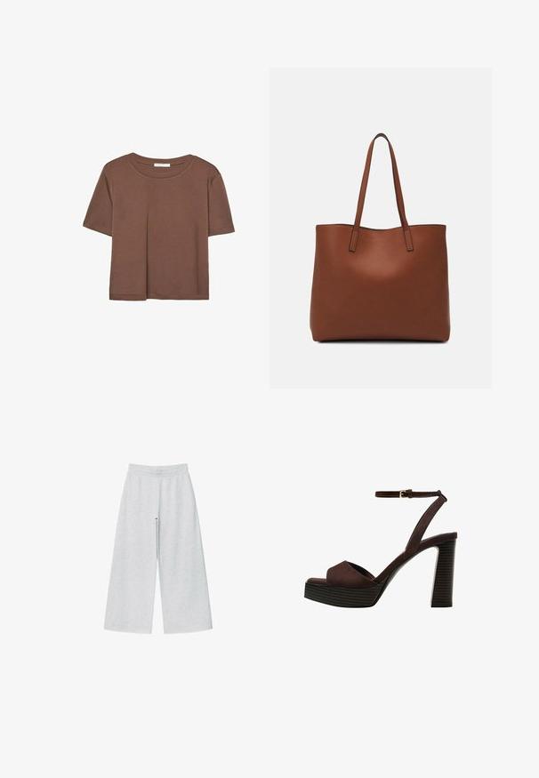 Braunes, kurzärmliges T-Shirt aus weichem Material mit rundem Halsausschnitt und lockerer Passform. Keine sichtbaren Muster oder Akzente.; Helle graue weit geschnittene Hose aus weichem Stoff mit elastischem Bund. Das Design bietet eine lockere Passform für Komfort und Bewegungsfreiheit.; Braune Wildleder-Pumps mit offenem Zeh, verstellbarem Knöchelriemen und gestreiftem Plateausohlen.; Braune Leder-Tote mit glatter Textur, offenem Oberteil und zwei Schulterriemen. Verfügt über minimale Nähte und keine sichtbaren Beschläge.