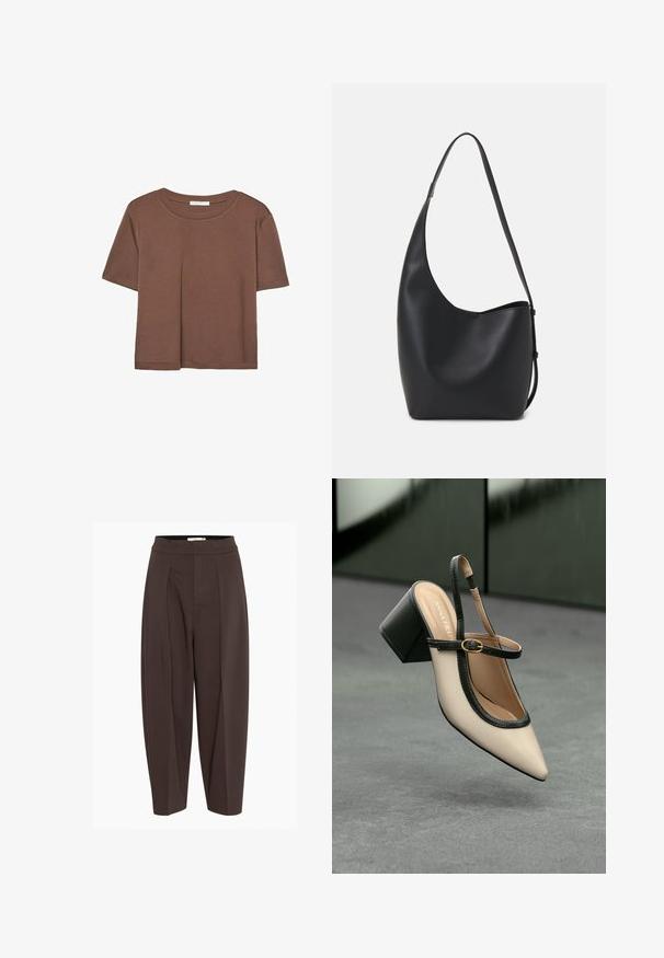 Kahvinsävyinen lyhythihainen t-paita, joka on valmistettu pehmeästä kankaasta. Pyöreä pääntie ja rento malli. Ei näkyviä kuvioita tai koristeita.; Ruske pleated hameet korkealla vyötäröllä, joissa on sileä, teksturoitu kangas ja kapenevat lahkeet, jotka tarjoavat rennon istuvuuden.; Beige slingback-kengät, joissa on musta reuna, kultahakas, ja paksu lohkoheel, harmaalla lattialla tummanvihreää taustaa vasten.; Musta nahkainen hobo-laukku, jossa on sileä pinta, kaareva muoto ja yksi säädettävä olkahihna; sisäänkäynti on leveä ylhäältä.