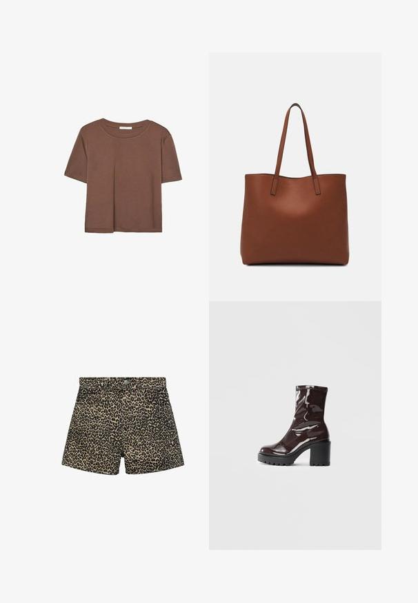 Braunes, kurzärmliges T-Shirt aus weichem Material mit rundem Halsausschnitt und lockerer Passform. Keine sichtbaren Muster oder Akzente.; Leopardenmuster-Denim-Shorts mit hoher Taille, dekorativen Nähten, fünf Taschen und einem Knopfverschluss. Farbschema in Schwarz und Beige.; Glatte bordeauxrote Ankle Boots mit einem klobigen schwarzen Absatz, die eine glatte Oberfläche und ein einfaches Design aufweisen. Keine sichtbaren Verschlüsse oder Muster.; Braune Leder-Tote mit glatter Textur, offenem Oberteil und zwei Schulterriemen. Verfügt über minimale Nähte und keine sichtbaren Beschläge.
