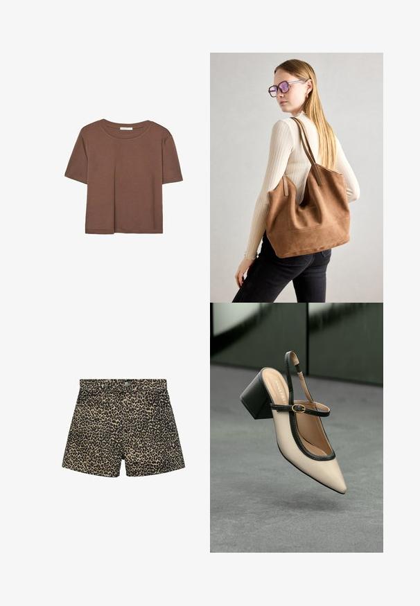 Braunes, kurzärmliges T-Shirt aus weichem Material mit rundem Halsausschnitt und lockerer Passform. Keine sichtbaren Muster oder Akzente.; Leopardenmuster-Denim-Shorts mit hoher Taille, dekorativen Nähten, fünf Taschen und einem Knopfverschluss. Farbschema in Schwarz und Beige.; Beige Slingback-Schuh mit spitzer Zehenpartie, schwarzer Umrandung, goldener Schnalle und dicker Blockabsatz auf grauem Boden vor dunklem grünen Hintergrund.; Braune Wildleder-Tasche mit weicher Textur, großer Öffnung und langen Trägern. Sie verfügt über ein simples Design mit sichtbarem Stich und ohne Beschläge.