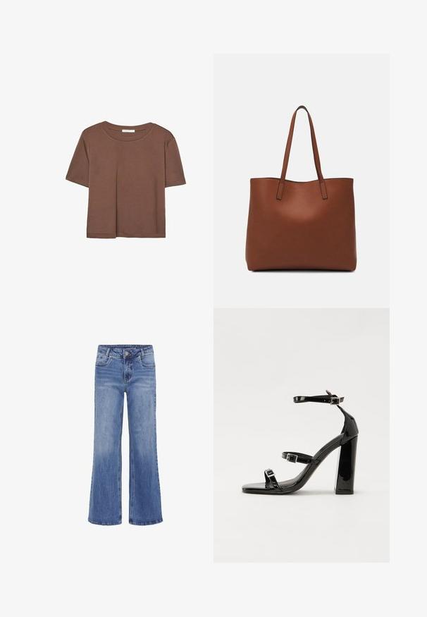 Smeđi kratki rukav majica od mekog materijala, s okruglim izrezom i opuštenim krojem. Nema vidljivih uzoraka ili naglasaka.; My Essential Wardrobe LOUIS HIGH WIDE - Traperice ravnih nogavica - medium blue wash; Crne lakirane sandale na visoku petu s dva remena s kopčama, kvadratnim vrhom i masivnom blok petom, s glatkom, sjajnom teksturom.; Smeđa kožna torba preko ramena s glatkom teksturom, otvorenim vrhom i dvjema naramenicama. Ima minimalne šavove i nema vidljivog hardvera.