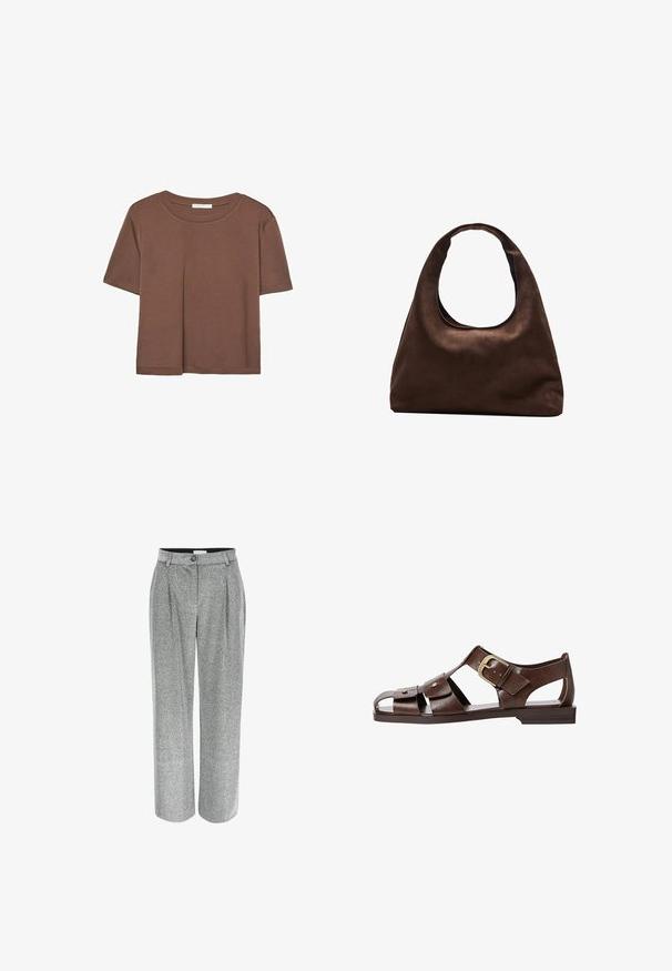 Rjava kratka majica s kratkimi rokavi iz mehkega materiala, s krožnim izrezom in ohlapnim krojem. Brez vidnih vzorcev ali dodatkov.; Sive široke hlače z teksturirano površino, ki imajo sprednje plošče in en gumb za zapiranje v pasu.; Rjave usnjene sandale z izrezljanim dizajnom, nastavljivim stranskim sponko in ravnim podplatom, dekorirane z kovinskimi detajli in odprtim prstom.; Mehakna rjava torbica v hobo stilu z enim širokim trakom in ukrivljenim odprtjem na vrhu, prikazana na beli podlagi.