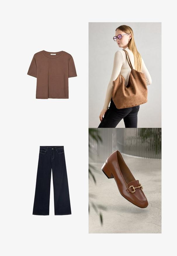 Smeđi kratki rukav majica od mekog materijala, s okruglim izrezom i opuštenim krojem. Nema vidljivih uzoraka ili naglasaka.; Široke traperice tamnoplave boje s žutim šavovima, pet džepova i kopčanjem na dugme. Glatka tekstura, ležeran dizajn.; Smeđi lakirani loafer s kvadratnim vrhom, metalnim lancem kao naglaskom i niskom blok petom; glatka tekstura, minimalistički dizajn.; Smeđa suede torba sa mekom teksturom, širokim otvorom i dugim trakama. Ima jednostavan dizajn s vidljivim šavovima i bez hardvera.
