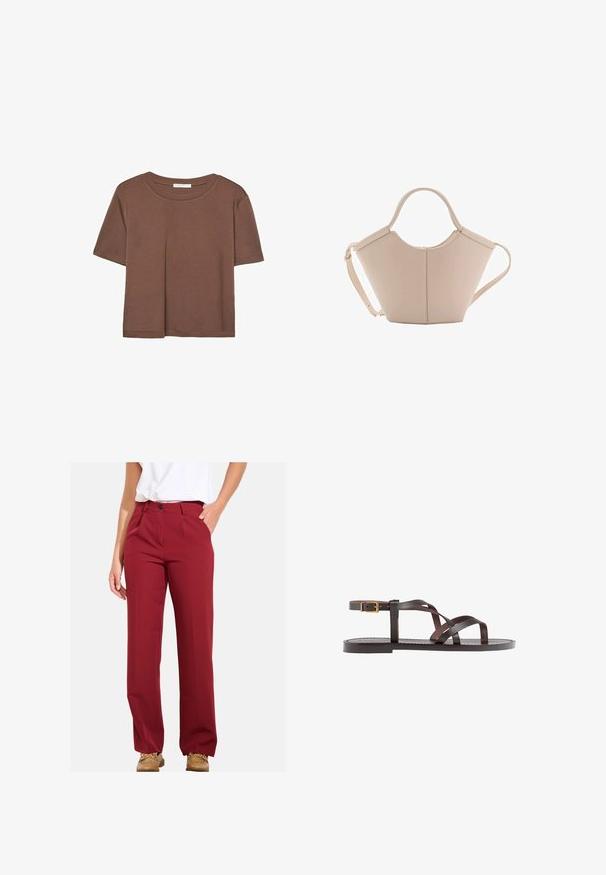 Hnědé tričko s krátkým rukávem vyrobené z měkké látky, s kulatým výstřihem a volným střihem. Bez viditelných vzorů nebo dekorací.; Burgundské kalhoty s rovnými nohavicemi, se zapínáním na knoflík a bočními kapsami, vyrobené z hladké tkaniny s minimální strukturou.; Hnědé kožené sandály s kříženými pásky, uzavřením na přezku u kotníku a plochou podrážkou s minimem švů.; Beige kožená kabelka s jedinečným tvarem, vybavená dvěma krátkými uchy a dlouhým nastavitelným popruhem. Hladká textura s minimem kovových doplňků.