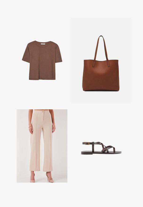 T-shirt marron à manches courtes en tissu doux, avec un col rond et une coupe décontractée. Aucun motif ni accent visible.; Pantalons larges taille haute beiges en tissu texturé, dotés d'une fermeture à bouton à l'avant et de poches latérales, avec une finition soignée.; Sandale en cuir marron avec des brides entrecroisées, une fermeture à boucle à la cheville et une semelle plate avec des détails de couture minimaux.; Sac fourre-tout en cuir marron avec une texture lisse, design à ouverture supérieure et deux poignées pour le porter à l'épaule. Présente des coutures minimales et aucun matériel visible.