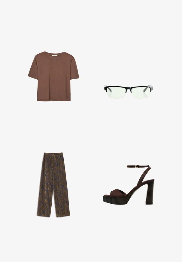 T-shirt marron à manches courtes en tissu doux, avec un col rond et une coupe décontractée. Aucun motif ni accent visible.; Pantalons à jambes larges en tissu texturé présentant un motif abstrait bleu et or. Les plis avant et les poches latérales rehaussent le design.; Sandale à talons hauts en suede marron avec un bout ouvert, une bride de cheville réglable et une semelle de plateforme rayée.; Lunettes noires rectangulaires avec des verres transparents, présentant des montures noires élégantes et des embouts de branches transparents gris. Design minimaliste, sans marquage visible.