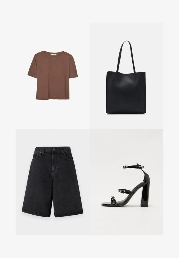 Braunes, kurzärmliges T-Shirt aus weichem Material mit rundem Halsausschnitt und lockerer Passform. Keine sichtbaren Muster oder Akzente.; Schwarze Denim-Shorts mit entspannter Passform, hoher Taille, fünf Taschen und Knopfverschluss vorne.; Schwarze patentierte Sandalen mit Absatz, quadratischer Spitze, Knöchelriemen und silbernen Schnallen. Mit einem stabilen Blockabsatz für mehr Stabilität.; Schwarze Laptoptasche aus Leder mit glatter Textur, rechteckiger Form und zwei langen Griffen. Keine sichtbaren Beschläge oder Verzierungen.