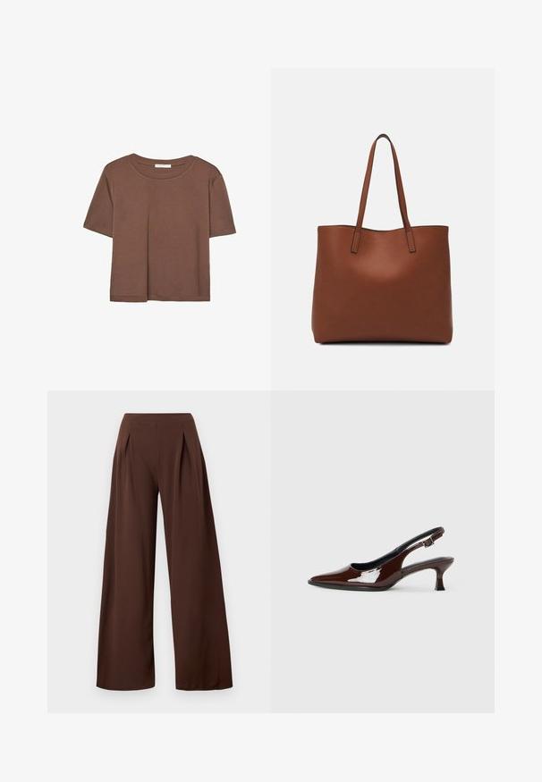Rjava kratka majica s kratkimi rokavi iz mehkega materiala, s krožnim izrezom in ohlapnim krojem. Brez vidnih vzorcev ali dodatkov.; Hlače širokih nogavic temno rjave barve, s visokim pasom, sprednjimi naborki in gladko teksturo. Primerne za različne priložnosti.; Rjavi lakirani slingback čevelj z ostro konico in zmerno peto. Ima zaponko za varno prileganje. Gladka tekstura.; Rjava usnjena torba z gladko teksturo, odprto zasnovo zgoraj in dvema naramnima trakovoma. Opremljena je z minimalnim šivanjem in brez vidnih kovinskih delov.