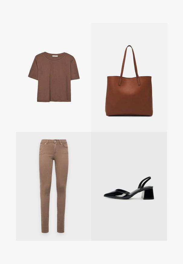 Hnědé tričko s krátkým rukávem vyrobené z měkké látky, s kulatým výstřihem a volným střihem. Bez viditelných vzorů nebo dekorací.; Hnědé úzké džíny vyrobené z bavlněné směsi. Obsahují pět kapes, poutka na opasek a zapínání na přední knoflík. Hladká textura.; Černé lakované kožené lodičky na pásku s špičatou špičkou a geometrickým blokovým podpatkem. Vyznačují se elegantním, minimalistickým designem a hladkým povrchem.; Hnědá kožená taška přes rameno s hladkou texturou, otevřeným designem a dvěma ramenními popruhy. Obsahuje minimální švy a žádné viditelné kovové prvky.