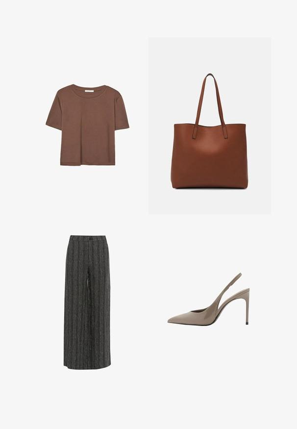 Braunes, kurzärmliges T-Shirt aus weichem Material mit rundem Halsausschnitt und lockerer Passform. Keine sichtbaren Muster oder Akzente.; Schwarz-weiß gestreifte Glockenbeine aus Stoff. Mit einem Knopfverschluss und glatter Textur. Das Design bietet eine lockere Passform und eine entspannte Silhouette.; Beige Lackleder Slingback High Heels mit spitzem Schuh und elegantem Design, ausgestattet mit einem dünnen Absatz und einem Ausschnitt an der Seite.; Braune Leder-Tote mit glatter Textur, offenem Oberteil und zwei Schulterriemen. Verfügt über minimale Nähte und keine sichtbaren Beschläge.