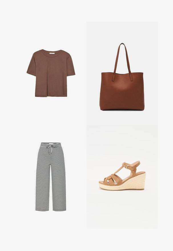 Hnedé tričko s krátkym rukávom vyrobené z jemného materiálu, s okrúhlym výstrihom a voľným strihom. Žiadne viditeľné vzory ani akcenty.; Čiernobiele pruhované nohavice s širokými nohavicami a sťahovacím pásom. Tkanina vyzerá mäkko a ľahko, s rovnomerne rozmiestnenými vodorovnými pruhmi.; Hnedé wedges sandále s kríženým popruhom, nastaviteľnou prackou na členku a štruktúrovaným tkaným espadrilovým klinom.; Hnedá kožená taška na rameno s hladkou textúrou, otvoreným vrchom a dvoma ramenými popruhmi. Má minimálne šitia a žiadne viditeľné kovania.