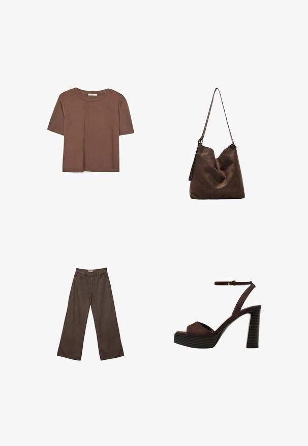 Smeđi kratki rukav majica od mekog materijala, s okruglim izrezom i opuštenim krojem. Nema vidljivih uzoraka ili naglasaka.; Široke smeđe traperice s klasičnim dizajnom pet džepova, s kopčanjem na dugme i glatkom teksturom.; Smeđe zamšaste sandale s visokim potpeticama, otvorenim prstima, podesivom trakicom oko gležnja i prugastom platformom.; Smešasti smeđi hobo torba s zakrivljenim vrhom, dugim remenom s točkastim detaljima i mekanim materijalom. Ima opušteni dizajn za svakodnevnu upotrebu.