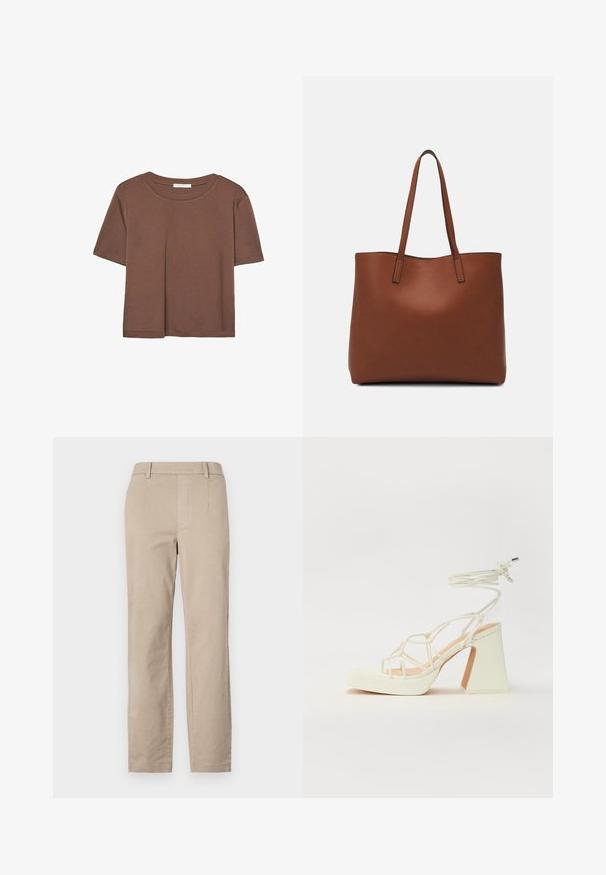 Braunes, kurzärmliges T-Shirt aus weichem Material mit rundem Halsausschnitt und lockerer Passform. Keine sichtbaren Muster oder Akzente.; Beige Baumwollhose mit geradem Bein, ausgestattet mit Gürtelschlaufen und ohne sichtbare Verzierungen oder Muster.; Weiße High-Heel-Sandale mit einem klobigen Absatz, die über ein Riemchendesign und ein Knöchelband verfügt. Glatte Textur mit einer Plattform vorne für zusätzliche Höhe.; Braune Leder-Tote mit glatter Textur, offenem Oberteil und zwei Schulterriemen. Verfügt über minimale Nähte und keine sichtbaren Beschläge.