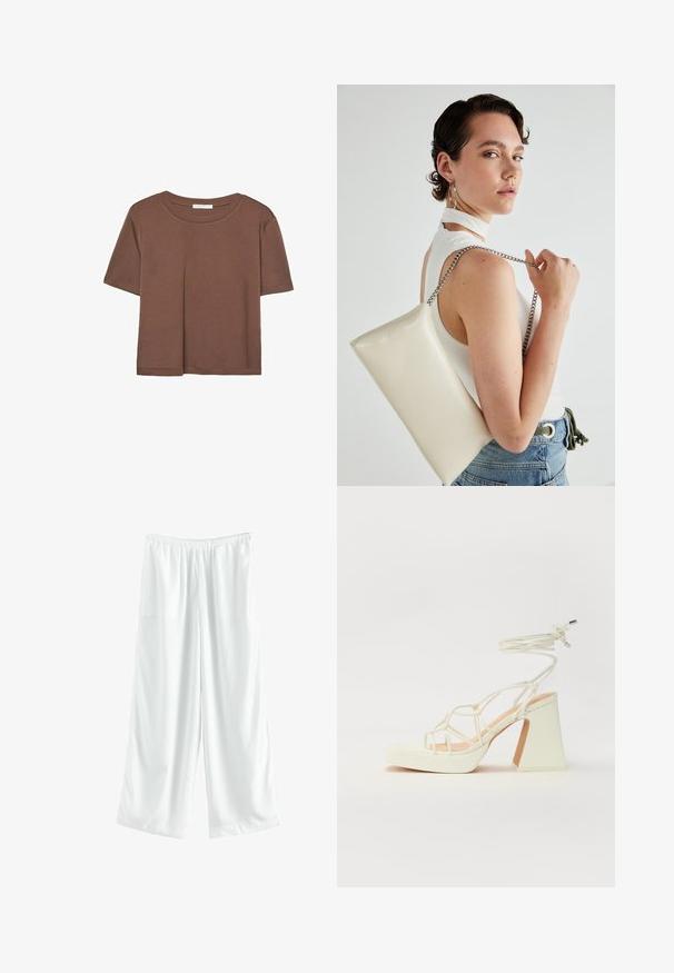 Kahvinsävyinen lyhythihainen t-paita, joka on valmistettu pehmeästä kankaasta. Pyöreä pääntie ja rento malli. Ei näkyviä kuvioita tai koristeita.; Valkeat leveälahkeiset housut, joissa on joustava vyötärö, valmistettu sileästä kankaasta. Housuissa on väljät leikkaukset eikä näkyviä kuvioita tai koristeita.; Valkoinen korkokenkä, jossa on paksu korko, ja joka sisältää nauhakiinnityksen ja nilkkaketjun. Sujuva pinta, jossa on platform-etupohja lisäkorkeutta varten.; Valkoinen suorakulmainen clutch-laukku, joka on valmistettu kiiltävästä materiaalista ja jossa on hopeinen ketjuolkahihna. Malli poseeraa laukku käsivarsillaan yksinkertaista taustaa vasten.