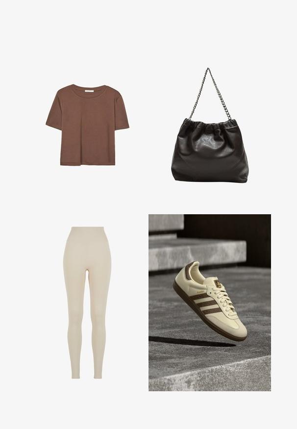 Brun kortærmet t-shirt lavet af blødt stof, med rund halsudskæring og afslappet pasform. Ingen synlige mønstre eller detaljer.; Beige leggings lavet af strækbart stof med en høj talje; glat tekstur, tætsiddende silhuet, ingen synlige mønstre eller hardware detaljer.; Sneaker i cremefarve med brune detaljer, teksturerede sidelommer og en glat læderfinish. Har snøredesign og gummisål.; Brun lædertaske med en rynket top og en kædestrop. Glat tekstur med en blank finish og subtile sømdetaljer på siderne.