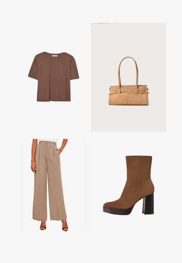 Hnědé tričko s krátkým rukávem vyrobené z měkké látky, s kulatým výstřihem a volným střihem. Bez viditelných vzorů nebo dekorací.; Friends Like These PREMIUM WIDE LEG - Kalhoty - natural; Hnědé semišové kotníkové boty s kulatou špičkou, robustním černým pruhovaným podpatkem a hladkým povrchem. Mají přiléhavý design bez viditelného kování.; Hnědá semišová kabelka s dvěma dlouhými uchy, obdélníkovým tvarem a ozdobným šitím. Obsahuje boční popruh a decentní zlaté kovové akcenty.