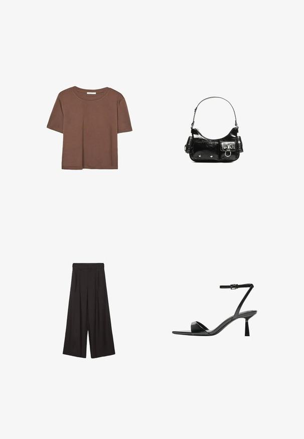 Kahvinsävyinen lyhythihainen t-paita, joka on valmistettu pehmeästä kankaasta. Pyöreä pääntie ja rento malli. Ei näkyviä kuvioita tai koristeita.; Mustat leveälahkeiset housut, joissa on laskostettu etuosa, valmistettu sileästä kankaasta. Yläosa on korkea ja siluetti on rento ja virtaava.; Bershka Korolliset sandaalit - black; Mustekko mustasta kiiltonahasta valmistettu käsilaukku, jossa on kaareva muoto, yksi olkahihna, etutaskut ja hopeanväriset yksityiskohdat.
