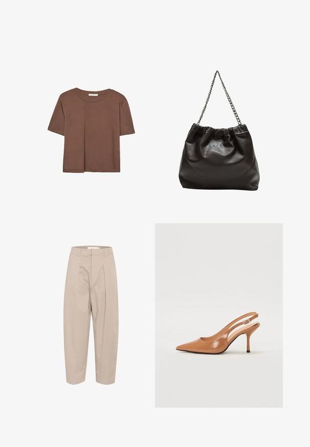 Hnedé tričko s krátkym rukávom vyrobené z jemného materiálu, s okrúhlym výstrihom a voľným strihom. Žiadne viditeľné vzory ani akcenty.; Bežové nohavice z bavlneného zmesi s voľným strihom, prednými skladmi, pásom a krátkymi nohavicami. Jednoduchý dizajn, bez vzorov alebo akcentov.; Sandal s úzkym podpätkom a špicatou špičkou v hladkej lesklej hnedej materiáli. Obsahuje zakrivený výrez a štíhly ihlový podpätok. Strieborný prackový detail.; Hnedá kožená taška so zberaným vrchom a reťazovým popruhom. Hladký povrch s lesklým finišom a jemným švom po stranách.