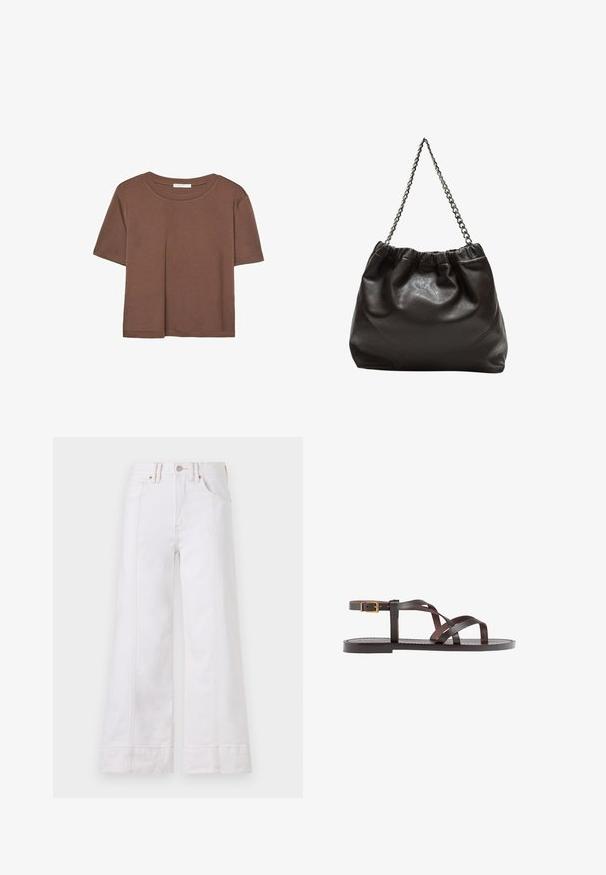Hnědé tričko s krátkým rukávem vyrobené z měkké látky, s kulatým výstřihem a volným střihem. Bez viditelných vzorů nebo dekorací.; Bílé široké džínové kalhoty vyrobené z denimu, s viditelným šitím, zapínáním na knoflík a předními kapsami. Materiál má minimální texturu.; Hnědé kožené sandály s kříženými pásky, uzavřením na přezku u kotníku a plochou podrážkou s minimem švů.; Hnědá kožená taška se sbíraným vrškem a řetízkovým popruhem. Hladký povrch s lesklým finišem a jemným švem na bocích.