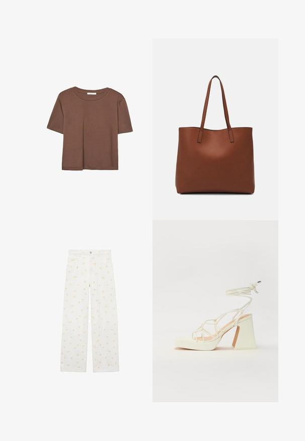 Braunes, kurzärmliges T-Shirt aus weichem Material mit rundem Halsausschnitt und lockerer Passform. Keine sichtbaren Muster oder Akzente.; Weiße, weit geschnittene Denim-Hosen mit einem allover hellorangefarbenen Blumenmuster und Vordertaschen. Knöpfe an der Taille zur Verschlussgebung.; Weiße High-Heel-Sandale mit einem klobigen Absatz, die über ein Riemchendesign und ein Knöchelband verfügt. Glatte Textur mit einer Plattform vorne für zusätzliche Höhe.; Braune Leder-Tote mit glatter Textur, offenem Oberteil und zwei Schulterriemen. Verfügt über minimale Nähte und keine sichtbaren Beschläge.
