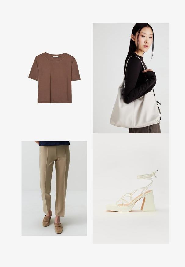 Maglietta a maniche corte marrone realizzata in tessuto morbido, con scollatura rotonda e vestibilità rilassata. Nessun motivo o dettaglio visibile.; Pantaloni beige su misura con una texture liscia, frontale piatto e sottili spacchi laterali all'orlo, abbinati a scarpe slip-on beige chiaro.; Sandalo bianco con tacco alto, caratterizzato da un design a cinturini e un legaccio alla caviglia. Texture liscia con una piattaforma frontale per un'altezza aggiuntiva.; Borsa a mano beige realizzata in materiale morbido, caratterizzata da un design morbido, dettagli cuciti e due manici. Adatta per l'uso quotidiano.
