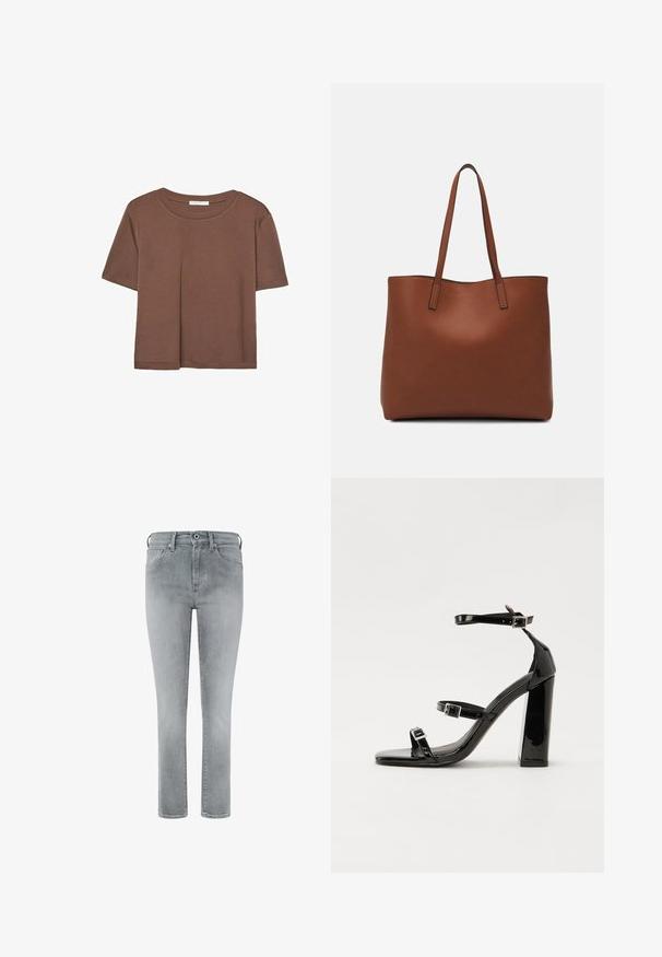 Smeđi kratki rukav majica od mekog materijala, s okruglim izrezom i opuštenim krojem. Nema vidljivih uzoraka ili naglasaka.; Svijetlosivi traperici s ravnim nogavicama, pet džepova, kopčanjem na dugme i suptilnim izbljeđenjem na tkanini.; Crne lakirane sandale na visoku petu s dva remena s kopčama, kvadratnim vrhom i masivnom blok petom, s glatkom, sjajnom teksturom.; Smeđa kožna torba preko ramena s glatkom teksturom, otvorenim vrhom i dvjema naramenicama. Ima minimalne šavove i nema vidljivog hardvera.