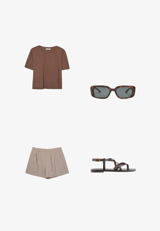 Hnedé tričko s krátkym rukávom vyrobené z jemného materiálu, s okrúhlym výstrihom a voľným strihom. Žiadne viditeľné vzory ani akcenty.; Béžové šortky s vysokým pásom a úpravou na mieru, s pútkami na opasok, plisovaním vpredu a bočnými vreckami, vystavené na bielom pozadí.; Hnedé kožené sandály s krížovými popruhmi, uzatváraním na pracku okolo členku a plochou podrážkou s minimálnymi ševmi.; Rámiky slnečných okuliarov v štýle korytnačiny s obdĺžnikovými šošovkami, hrubými rámami a tmavými tónovanými šošovkami. Hladký povrch a minimalistický dizajn.