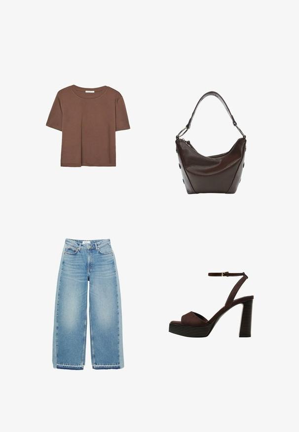 Smeđi kratki rukav majica od mekog materijala, s okruglim izrezom i opuštenim krojem. Nema vidljivih uzoraka ili naglasaka.; Svijetloplave široke traperice napravljene od denima, s visokim strukom, kopčanjem na dugme, prednjim džepovima i sirovim rubom.; Smeđe zamšaste sandale s visokim potpeticama, otvorenim prstima, podesivom trakicom oko gležnja i prugastom platformom.; Tamno smeđa kožna torba sa zakrivljenim oblikom, zatvaranjem na zip i kratkom drškom. Ima metalne detalje i dekorativne crne dugmadi sa strane.