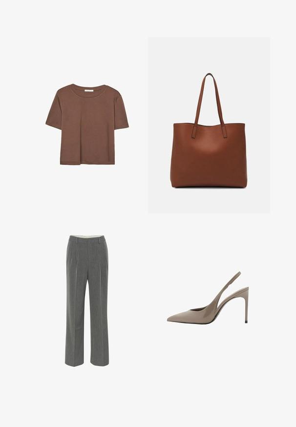 Kahvinsävyinen lyhythihainen t-paita, joka on valmistettu pehmeästä kankaasta. Pyöreä pääntie ja rento malli. Ei näkyviä kuvioita tai koristeita.; Harmaat raidoitetut housut, joissa on muotonsa mukainen istuvuus, litteä etuosa ja leveä lahje. Valmistettu sileästä ja kevyestä kankaasta.; Beige patent leather slingback-korkokengät, joissa on terävä kärki ja tyylikäs muotoilu, joka sisältää ohuen korkean koron ja sivuilla olevan aukon.; Ruskea nahkainen olkalaukku, jossa on sileä pinta, avoin yläosa ja kaksi olkahihnaa. Omaavat vain minimaalisen ompelun eikä näkyvää metalliosaa.