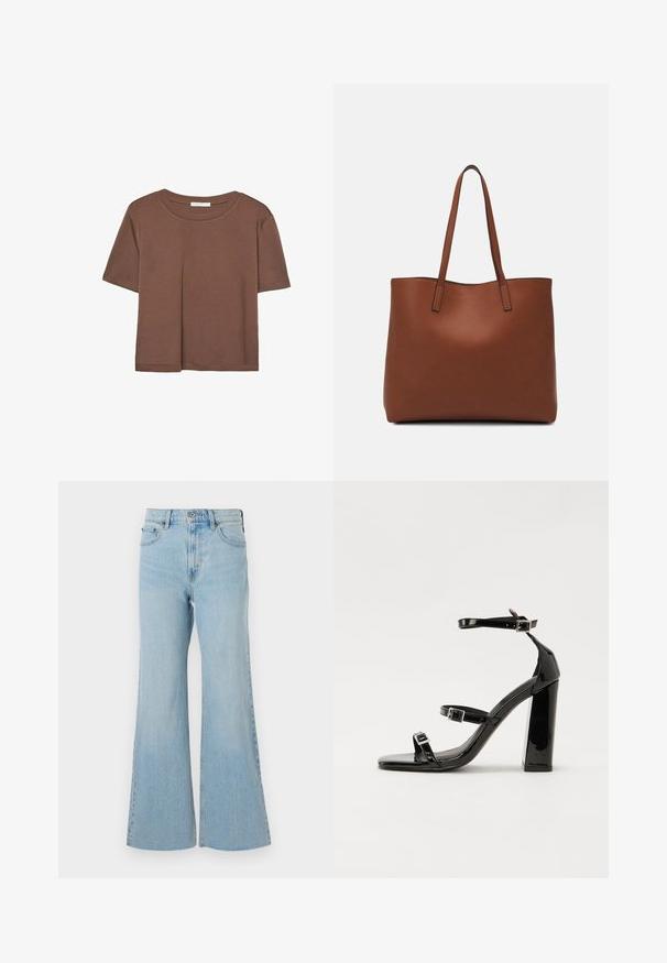 Brun kortærmet t-shirt lavet af blødt stof, med rund halsudskæring og afslappet pasform. Ingen synlige mønstre eller detaljer.; Lysblå denimflared jeans med høj talje, featuring en klassisk knap- og lynlås-lukning, samt let slidser i stoffet.; Sorte patenterede hælsandaler med firkantet tå, ankelremme og sølvspænder. Har en chunky blokHæl for stabilitet.; Brun læder tote taske med en glat overflade, åben topdesign og to skulderremme. Har minimal syning og ingen synlig hardware.