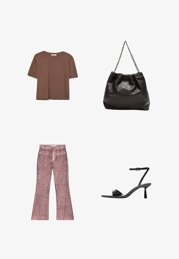 Korte mouwen T-shirt in bruin, gemaakt van een zachte stof, met een ronde halslijn en een relaxte pasvorm. Geen zichtbare patronen of accenten.; Roze uitlopende jeans met een vervaagde textuur, uitgerust met twee voorzakken, een rits aan de voorkant en een stikselafwerking langs de naden.; Bershka Sandalen met hoge hak - black; Bruine leren tas met een geplooide bovenkant en een kettinghengsel. Glad textuur met een glanzende afwerking en subtiele naaddetails aan de zijkanten.