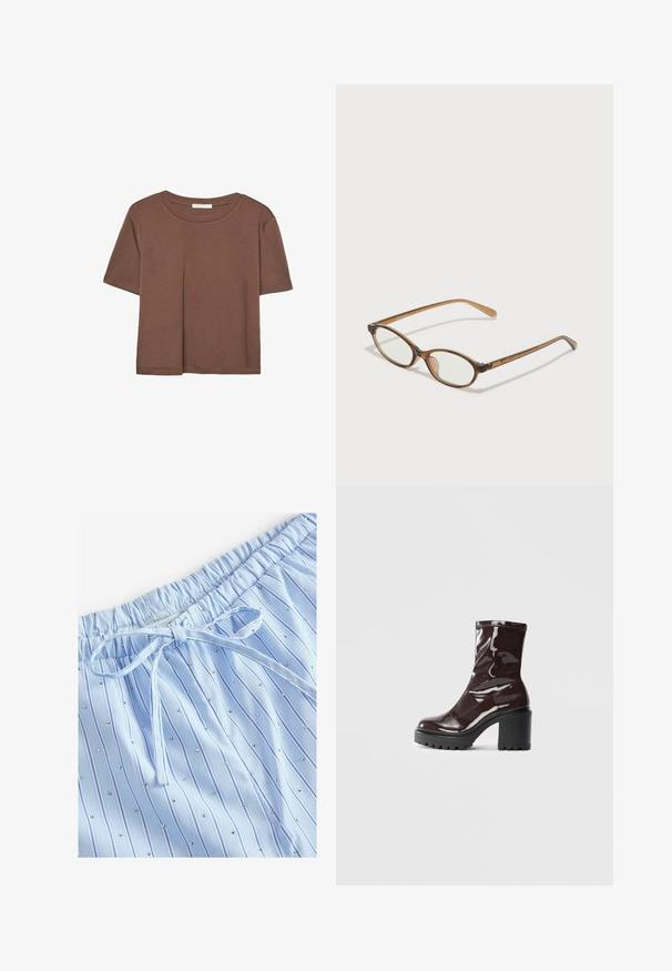 Smeđi kratki rukav majica od mekog materijala, s okruglim izrezom i opuštenim krojem. Nema vidljivih uzoraka ili naglasaka.; Svijetloplave pidžama hlače s vertikalnim prugama i malim reflektivnim zakovicama. Elastični pojas s vezicom za prilagođavanje.; Sjajna burgundska čizma do gležnja s debelim crnim potplatom, koja se odlikuje glatkom teksturom i jednostavnim dizajnom. Nema vidljivih kopčanja ili uzoraka.; Smeđe skupe naočale s ovalnim lećama, tankim drškama i prozirnim akcentima. Ima suptilan logo na sljepoočnici. Elegantan, lagan dizajn.; Smeđa kožna torba preko ramena s glatkom teksturom, otvorenim vrhom i dvjema naramenicama. Ima minimalne šavove i nema vidljivog hardvera.