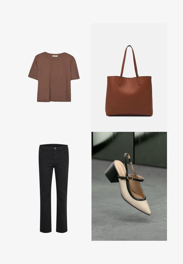 Hnedé tričko s krátkym rukávom vyrobené z jemného materiálu, s okrúhlym výstrihom a voľným strihom. Žiadne viditeľné vzory ani akcenty.; Čierne deninové nohavice so strihom priamo nôh, s dvoma prednými vreckami a jedným kovovým gombíkom na páse. Hladká textúra.; Béžová lodička so špicatou špičkou, s čiernym lemom, zlatou prackou a robustným blokovým podpätkom na šedom podlahe s tmavozeleným pozadím.; Hnedá kožená taška na rameno s hladkou textúrou, otvoreným vrchom a dvoma ramenými popruhmi. Má minimálne šitia a žiadne viditeľné kovania.