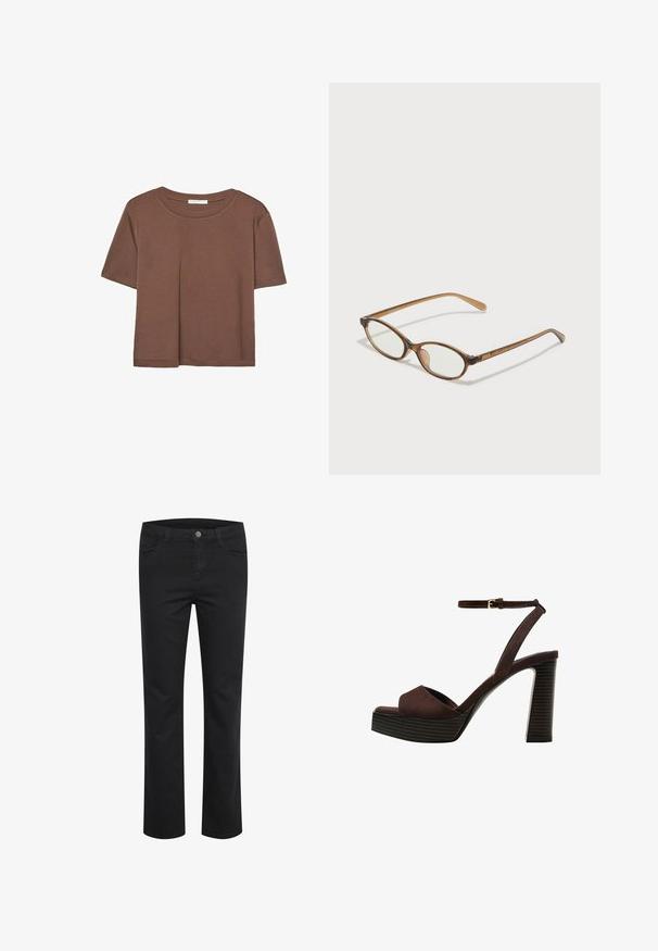 Maglietta a maniche corte marrone realizzata in tessuto morbido, con scollatura rotonda e vestibilità rilassata. Nessun motivo o dettaglio visibile.; Pantaloni di denim neri con design a gamba dritta, dotati di due tasche frontali e un singolo bottone in metallo in vita. Texture liscia.; Sandal in camoscio marrone con tacco alto, punta aperta, cinturino alla caviglia regolabile e suola a piattaforma striata.; Occhiali tortoiseshell marroni con lenti ovali, aste sottili e dettagli trasparenti. Presentano un logo sottile sulla tempia. Design elegante e leggero.