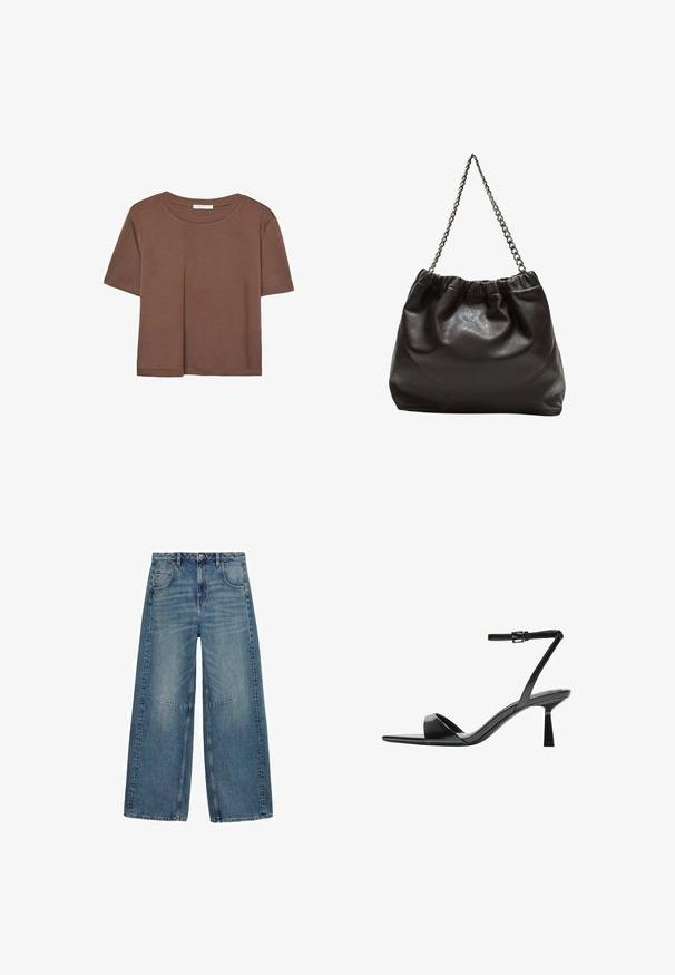 Rjava kratka majica s kratkimi rokavi iz mehkega materiala, s krožnim izrezom in ohlapnim krojem. Brez vidnih vzorcev ali dodatkov.; Široke jeans hlače v srednje modrem denimu, ki vključujejo pet žepov, gumbasto zapiranje ter subtilno bledenje z kontrastnim šivom.; Bershka Sandali z visoko peto - black; Rjava usnjena torba z nabranim vrhom in verižnim trakom. Gladka tekstura z sijajno površino in subtilnimi šivi na straneh.