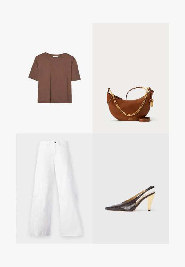 Smeđi kratki rukav majica od mekog materijala, s okruglim izrezom i opuštenim krojem. Nema vidljivih uzoraka ili naglasaka.; Bijele široke traperice s pet džepova. Imaju crnu kopču i zatvarač. Glatka tekstura, ravna silueta.; Cipele s potpeticom i otvorenim stražnjim dijelom, u tamnosmeđoj sjajnoj umjetnoj koži krokodila. Sadrže zlatnu geometrijsku potpeticu i prilagodljivu naramenicu.; Smeđa kožna torba s ovalnim dizajnom, zlatnim lancem za nošenje, unutarnjim džepom i odvojivim remenom za rame. Sadrži kontrastne šavove.