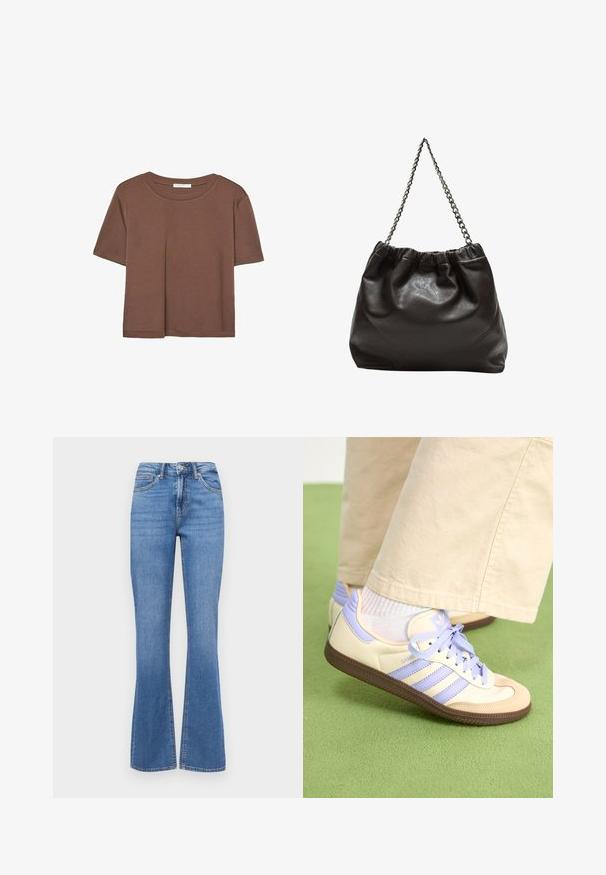 T-shirt marron à manches courtes en tissu doux, avec un col rond et une coupe décontractée. Aucun motif ni accent visible.; Jeans en denim bleu moyen, design évasé, taille haute, poches avant et arrière, coutures visibles, texture lisse, fermeture classique à bouton et à zip.; Baskets crème et lavande avec trois bandes et une semelle marron texturée, dotées de lacets et d'un talon rembourré. Tige en tissu doux.; Sac en cuir marron avec un haut froncé et une bandoulière en chaîne. Texture lisse avec une finition brillante et des coutures subtiles sur les côtés.