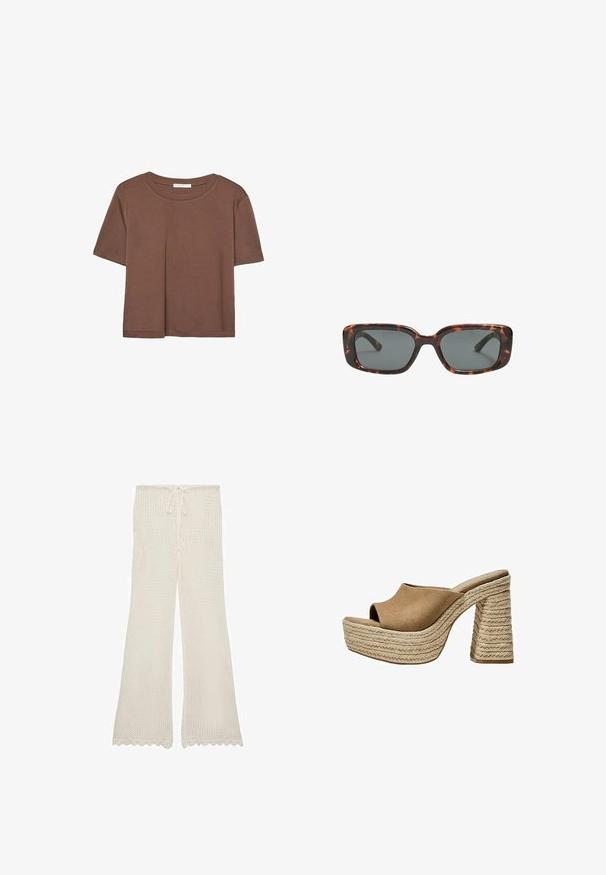 Braunes, kurzärmliges T-Shirt aus weichem Material mit rundem Halsausschnitt und lockerer Passform. Keine sichtbaren Muster oder Akzente.; Cremefarbene Strickhose mit einem Kordelzugbund, ausgestelltem Bein-Design und gewelltem Saum, gefertigt aus einem leichten, atmungsaktiven Stoff.; Braune Wildleder-Plateau-Sandalen mit offenem Zeh, ausgestattet mit einem chunky geflochtenen Jute-Absatz und einem glatten, abgerundeten Oberdesign.; Sonnenbrille im Schildpatt-Design mit rechteckigen Gläsern, dicken Rahmen und dunkelgetönten Gläsern. Glatte Textur und minimalistisches Design.