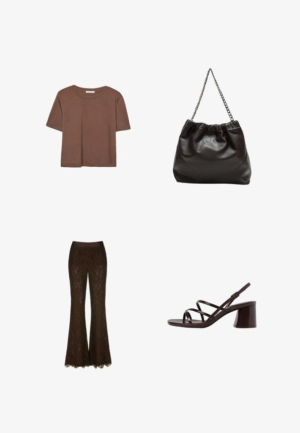 Smeđi kratki rukav majica od mekog materijala, s okruglim izrezom i opuštenim krojem. Nema vidljivih uzoraka ili naglasaka.; Čipkane hlače širokog kroja u dubokoj burgundijskoj boji, s glatkim satenastim pojasom i delikatnim cvjetnim čipkastim uzorkom, s detaljima na resicama.; Smeđe sandale na visokoj potpetici s debelom potpeticom, s glatkim, sjajnim završetkom i višestrukim ukrštanjem trakica na gornjem dijelu.; Smeđa kožna torba s naboranim vrhom i lančićem za nošenje. Glatka tekstura s sjajnim završetkom i suptilnim šavnim detaljima sa strane.