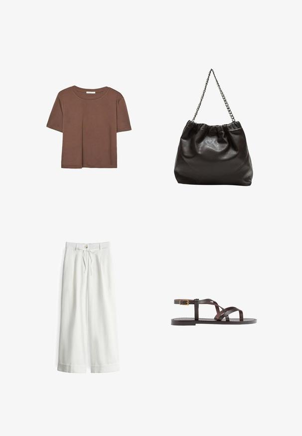 Korte mouwen T-shirt in bruin, gemaakt van een zachte stof, met een ronde halslijn en een relaxte pasvorm. Geen zichtbare patronen of accenten.; Witte wijdvallende broeken van lichtgewicht stof, met een tailleband met trekkoord, knoopsluiting en opgerolde zoomdetails.; Bruine leren sandaal met kruisingen van banden, een enkelgesp-sluiting en een platte zool met minimale stikdetails.; Bruine leren tas met een geplooide bovenkant en een kettinghengsel. Glad textuur met een glanzende afwerking en subtiele naaddetails aan de zijkanten.