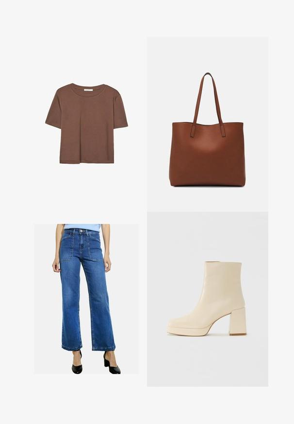 Rjava kratka majica s kratkimi rokavi iz mehkega materiala, s krožnim izrezom in ohlapnim krojem. Brez vidnih vzorcev ali dodatkov.; Modre hlače z visokim pasom in širokimi nogavicami iz denim tkanine z sprednjimi žepi, kontrastnim šivom in surovim robom. V kombinaciji s črnimi petkami.; Bež usnjena gležnjarica z blok peto in platformo, gladka površina in rahlo kvadratni prst, obrnjena levo na belem ozadju.; Rjava usnjena torba z gladko teksturo, odprto zasnovo zgoraj in dvema naramnima trakovoma. Opremljena je z minimalnim šivanjem in brez vidnih kovinskih delov.
