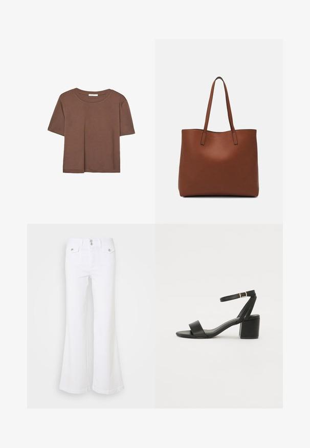 Brun kortärmad t-shirt i mjukt tyg, med rund halsringning och avslappnad passform. Inga synliga mönster eller detaljer.; Vita utsvängda jeans i denim, med hög midja, två framfickor och silverknappdetaljer på en enfärgad bakgrund.; Svart klacksandals med en slät läderöverdel, öppen tå, breda framremmar och justerbart ankelband med en guldfärgad spänne.; Brun läder tote-väska med en slät textur, öppen toppdesign och två axelremmar. Har minimal söm och ingen synlig metalldetalj.