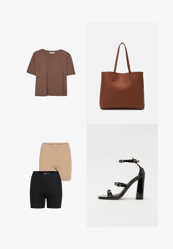 Brun kortärmad t-shirt i mjukt tyg, med rund halsringning och avslappnad passform. Inga synliga mönster eller detaljer.; Två par åtsmitande shorts: ett i tan och ett i svart. Tillverkade av stretchigt tyg med en slät textur, med en låg midjeresår.; Svarta lackerade klacksandaler med fyrkantig tå, ankelremmar och silverfärgade spännen. Har en kraftig blockklack för stabilitet.; Brun läder tote-väska med en slät textur, öppen toppdesign och två axelremmar. Har minimal söm och ingen synlig metalldetalj.