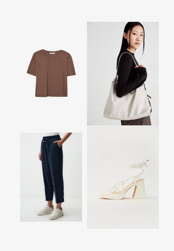 Braunes, kurzärmliges T-Shirt aus weichem Material mit rundem Halsausschnitt und lockerer Passform. Keine sichtbaren Muster oder Akzente.; Marineblaue, leichte Jogginghose mit elastischem Bund und Seitentaschen, kombiniert mit weißen Sneakers. Glatte Textur, cropped Design.; Weiße High-Heel-Sandale mit einem klobigen Absatz, die über ein Riemchendesign und ein Knöchelband verfügt. Glatte Textur mit einer Plattform vorne für zusätzliche Höhe.; Beige Handtasche aus weichem Material, mit einem lässigen Design, gesteppten Details und zwei Schulterriemen. Geeignet für den täglichen Gebrauch.