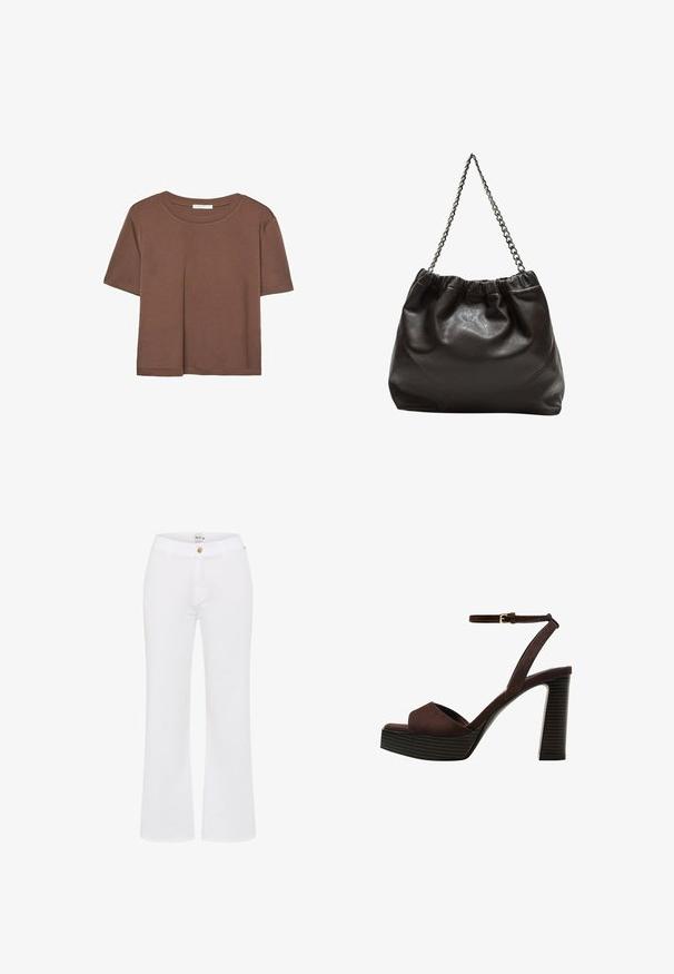 Brun kortærmet t-shirt lavet af blødt stof, med rund halsudskæring og afslappet pasform. Ingen synlige mønstre eller detaljer.; Hvide, udfoldede bukser lavet af bomuld med knaplukning foran og bæltestropper, der har en glat tekstur og skræddersyet design.; Brune ruskinds højhælede sandal med åben tå, justerbar ankelrem og en stribet plade sål.; Brun lædertaske med en rynket top og en kædestrop. Glat tekstur med en blank finish og subtile sømdetaljer på siderne.