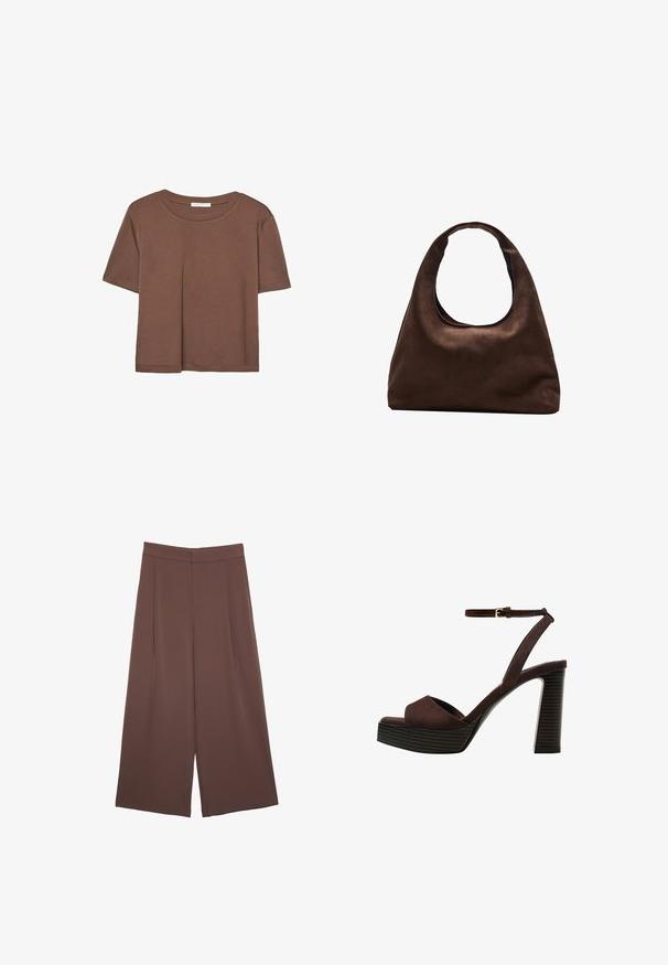 Maglietta a maniche corte marrone realizzata in tessuto morbido, con scollatura rotonda e vestibilità rilassata. Nessun motivo o dettaglio visibile.; Pantaloni ampi marroni con una texture liscia, caratterizzati da una vita alta e pieghe frontali. Il tessuto è leggero e scorre liberamente.; Sandal in camoscio marrone con tacco alto, punta aperta, cinturino alla caviglia regolabile e suola a piattaforma striata.; Borsa hobo di un morbido marrone con una sola tracolla larga e un'apertura a manico curvo, esposta su uno sfondo bianco.