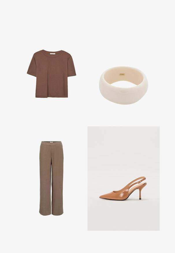 Brązowa koszulka z krótkim rękawem, wykonana z miękkiego materiału, z okrągłym dekoltem i luźnym krojem. Brak widocznych wzorów lub akcentów.; Spodnie o szerokich nogawkach w neutralnym odcieniu brązu, o gładkiej teksturze i elastycznym pasie dla wygody i łatwości noszenia.; Sandały na obcasie z kwadratowym noskiem, wykonane z gładkiego, błyszczącego materiału w kolorze brązowym. Charakteryzują się zaokrąglonym wycięciem i smukłym obcasem typu stiletto. Detal w postaci srebrnej klamry.; Błyszczący beżowy bransoletka wykonana z gładkiej żywicy. Zaokrąglony kształt o jednolitej powierzchni i małe złote logo wewnątrz.