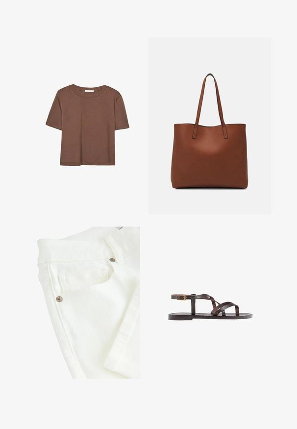 T-shirt marron à manches courtes en tissu doux, avec un col rond et une coupe décontractée. Aucun motif ni accent visible.; Jean en denim blanc à la texture lisse, avec une taille à double couture, des poches frontales et des accents en métal.; Sandale en cuir marron avec des brides entrecroisées, une fermeture à boucle à la cheville et une semelle plate avec des détails de couture minimaux.; Sac fourre-tout en cuir marron avec une texture lisse, design à ouverture supérieure et deux poignées pour le porter à l'épaule. Présente des coutures minimales et aucun matériel visible.