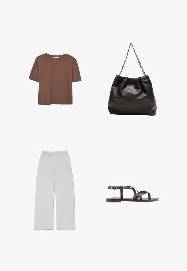 Brązowa koszulka z krótkim rękawem, wykonana z miękkiego materiału, z okrągłym dekoltem i luźnym krojem. Brak widocznych wzorów lub akcentów.; Jasnoszare spodnie dresowe wykonane z miękkiego materiału, z elastycznym pasem, dwiema bocznymi kieszeniami oraz prostym krojem.; Brązowe skórzane sandały z krzyżującymi się paskami, zapięciem na klamrę przy kostce oraz płaską podeszwą z minimalnymi detalami szycia.; Brązowa skórzana torba z marszczonym szczytem i łańcuszkowym paskiem. Gładka tekstura z błyszczącym wykończeniem i subtelnymi detalami szwów po bokach.